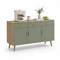Kuchyňská skříňka se 3 zásuvkami a 2 dvířky, 140 × 40 × 85 cm, šalvějově zelená s přírodním dubovým dekorem